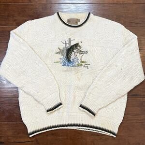 Vintage Shenandoah Trout Fish Sweater Mens Large Cream Knit Fishing Outdoors